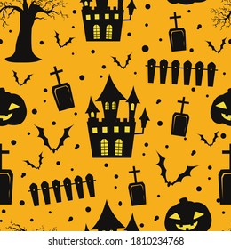 Seamless pattern Halloween festival cartoon. astle silhouettes, haunting tree silhouettes, gravestone silhouettes and pumpkin silhouettes. Vector illustration.