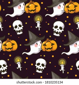 Seamless pattern Halloween festival cartoon. Ghost hugging pumpkin smiley face. Cute character cartoon. Vector illustration.