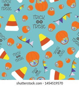Seamless pattern for halloween festival. Illustration of candy corn, bunting flags, pumpkin basket and lettering of "trick or treat".