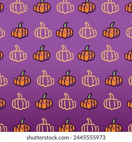 Seamless pattern for Halloween in flat style. Endless pattern with orange pumpkins on a purple background. Happy Halloween! EPS10