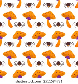 Um padrão perfeito de cogumelos e aranhas do Halloween fly agárico. Ilustração para cartões de saudação, têxteis, scrapbooking, cartazes, banners, sites.