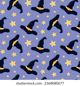 Seamless pattern of Halloween flying witch hats and stars on isolated background. Hand background for Halloween party decoration, scrapbooking, textile, greeting cards design, wall paper.