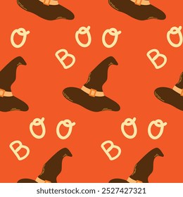 Seamless pattern of Halloween flying witch hats and Boo on isolated background. Hand drawn background for Halloween party decoration, scrapbooking, textile, greeting cards design, wall paper.