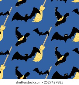 Seamless pattern of Halloween flying witch hats, bats and brooms on isolated background. Hand drawn background for Halloween party decoration, scrapbooking, textile, greeting cards design, wall paper.