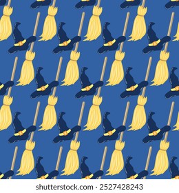 Seamless pattern of Halloween flying witch hats and brooms on isolated background. Hand drawn background for Halloween party decoration, scrapbooking, textile, greeting cards design, wall paper.