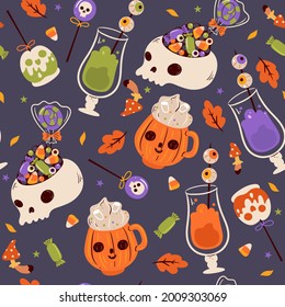 Seamless pattern with halloween food. Vector graphics.