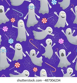 Seamless pattern for Halloween, funny ghosts, cobwebs and sweets on blue background