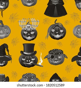 Seamless pattern for Halloween. Funny pumpkins in the web. Yellow background, traditional for a holiday. Drawing for gift paper and packaging decoration. Vector illustration