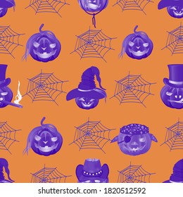 Seamless pattern for Halloween. Funny pumpkins in the web. orange background, traditional for a holiday. Drawing for gift paper and packaging decoration. Vector illustration
