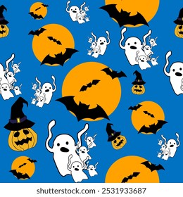 Seamless pattern with Halloween ghost, bat and moon, Vector graphics.