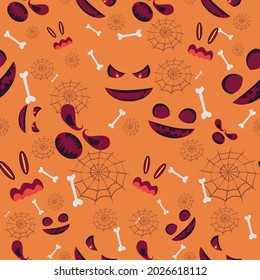 seamless pattern of halloween ghost with bones and cobwebs  on orange background , cartoon ghost funny faces. Orange pumpkin with smile in autumn holidays.vector illustration EPS10