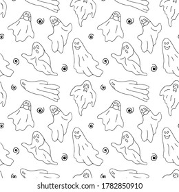 Seamless pattern for Halloween.  Ghost coloring page. With stylish hand drawn cartoon characters and elements. Doodle style vector pattern with ghost.