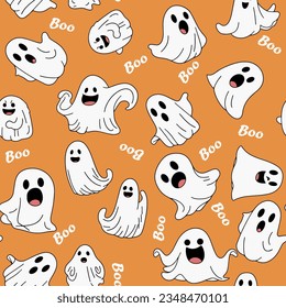 Seamless pattern for Halloween. Ghost seamless pattern on orange color. Hand drawn doodle cute ghost. Vector illustration.