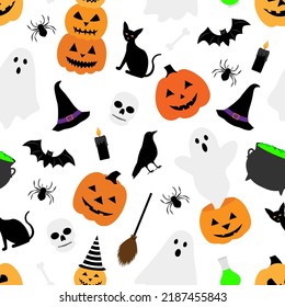 Seamless pattern Halloween Ghost pumpkin bat spider vector illustration