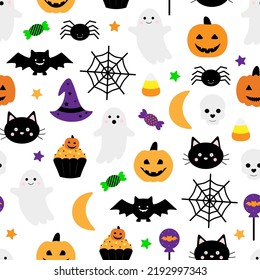 Seamless pattern Halloween Ghost pumpkin bat spider vector illustration