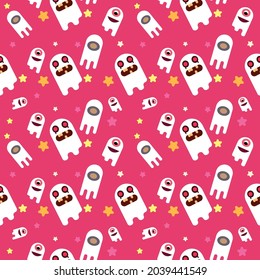 seamless pattern of halloween ghost with star on pink background , cartoon ghost funny faces in autumn holidays.gift wrapping paper vector illustration EPS10