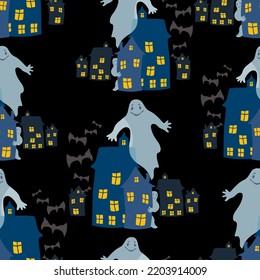 Seamless pattern of Halloween ghosts and bats in  night city