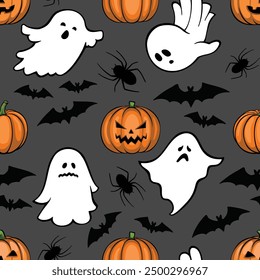 Seamless pattern for Halloween with ghosts, bats, pumpkins and spiders on dark gray background