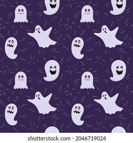 Seamless pattern with Halloween ghosts. Flat ghosts, phantoms in the sheet. Scary, creepy. Color vector illustration on a dark purple background.