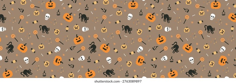 Patrón sin fisuras para la decoración del regalo de halloween, pegatinas para cuadernos de bocetos y más. Veneno sombrío, gatos, fondo de calabaza.