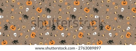 Seamless pattern for halloween gift decorating, stickers for sketchbooks and more. Gloomy poison, cats, pumpkin background.