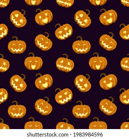 Seamless pattern for Halloween. Glowing pumpkins on a dark background.