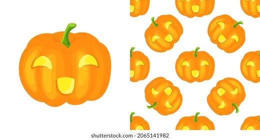 Seamless pattern for Halloween. Glowing pumpkins on background. 