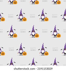 Seamless pattern with Halloween gnomes. Cute scandinavian dwarf with pumpkin. Vector illustration in flat cartoon style. Perfect for fabric, package paper, wallpaper, greeting cards.