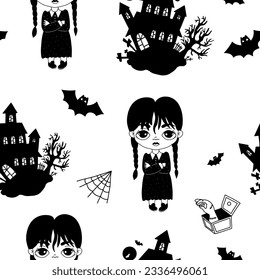 Seamless pattern Halloween with gothic girls wednesday with braids with mystical scary house, and hand thing, bats and cobwebs. Vector illustration in doodle style. kids collection