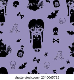 Seamless pattern Halloween with gothic girls with braids with dress on purple background with mystical castle house, bats, skulls and rum. Vector illustration in doodle style. Hand silhouette drawing