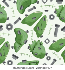 seamless pattern for Halloween green lungs, heart and liver of Frankishtein monster with scars and bolts, vector