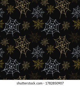 Seamless pattern for Halloween. With hand drawn spiderweb. Doodle style vector pattern isolated on black background.