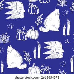Seamless pattern Halloween hand drawn. Cute autumn background, autumn wallpaper. design, textile, fabric, print, wrapping paper.