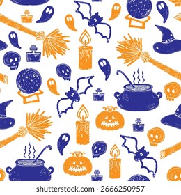 Patrón sin fisuras Halloween dibujado a mano. Fondo lindo del otoño, Fondo de pantalla del otoño. diseño, materia textil, tela, impresión, papel de embalaje.