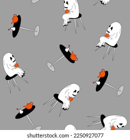 seamless pattern of Halloween hand-drawn ghosts sit on chairs at the table and drink tea