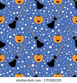 Seamless pattern for Halloween. Happy pumpkins with brooms on a blue background. Cute vector illustrations for holiday backgrounds, decorations, cards, banners, wrappings, prints, fabrics, textiles.