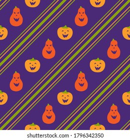 Seamless pattern for Halloween. Happy pumpkins with colored stripes on a violet background. Cute vector illustrations for holiday decorations, cards, banners, wrappings, prints, fabrics, textiles, etc