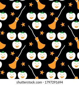 Seamless pattern for Halloween. Happy pumpkins with brooms and stars on a black background. Cute vector illustrations for holiday decorations, cards, banners, wrappings, prints, fabrics, textiles, etc