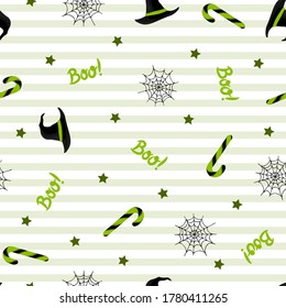 Seamless pattern with halloween hat, candies and spider web on white background. For wrapping paper, invitations, web design. Vector illustration in flat style.