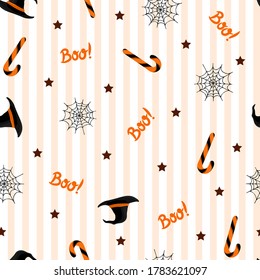 Patrón sin foco con sombrero de halloween, caramelos y telaraña sobre fondo blanco. Para envolver papel, invitaciones, diseño web. Ilustración vectorial en estilo plano.