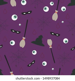 Seamless pattern with Halloween hats, eyes, masks, brooms and spiderwebs