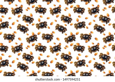 Seamless pattern with halloween holiday attributes. Images of cute spiders and candy. Vector Graphics
