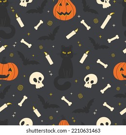 Seamless pattern for Halloween holiday: black cat, pumpkin, bat, skulls, candles and stars on dark background. Flat style vector illustration.