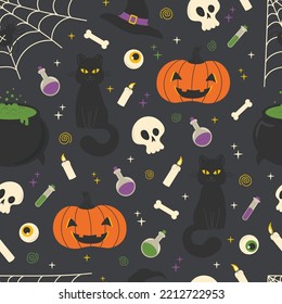 Seamless pattern for Halloween holiday: black cat, spider web, pumpkin, candles, witch hat and cauldron. Flat style vector image.