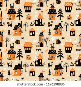 Seamless pattern for Halloween holiday. Childish background for fabric, wrapping paper, textile, wallpaper and apparel. Vector Illustration