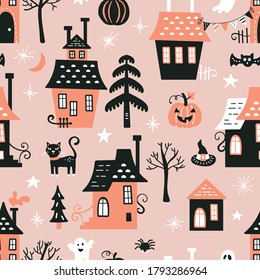 Seamless pattern for Halloween holiday. Childish background for fabric, wrapping paper, textile, wallpaper and apparel. Vector Illustration