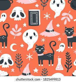 Seamless pattern for Halloween holiday. Childish background for fabric, wrapping paper, textile, wallpaper and apparel. Vector Illustration