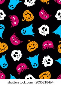 seamless pattern for halloween holiday with colored pumpkins, ghost, cats and skulls, childish background for fabric, wrapping paper, textile, and apparel, vector Illustration