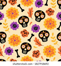 Seamless pattern for Halloween holiday with cute skull and flowers. Childish background for fabric, wrapping paper, textile, wallpaper and apparel. Vector Illustration