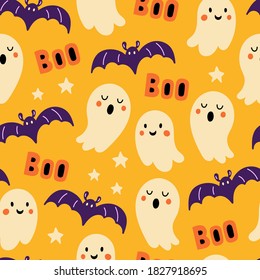 Seamless pattern for Halloween holiday with cute ghost and bat. Childish background for fabric, wrapping paper, textile, wallpaper and apparel. Vector Illustration